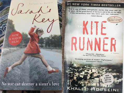 Book covers of novels included: "Sarah's Key" and "The Kite Runner".